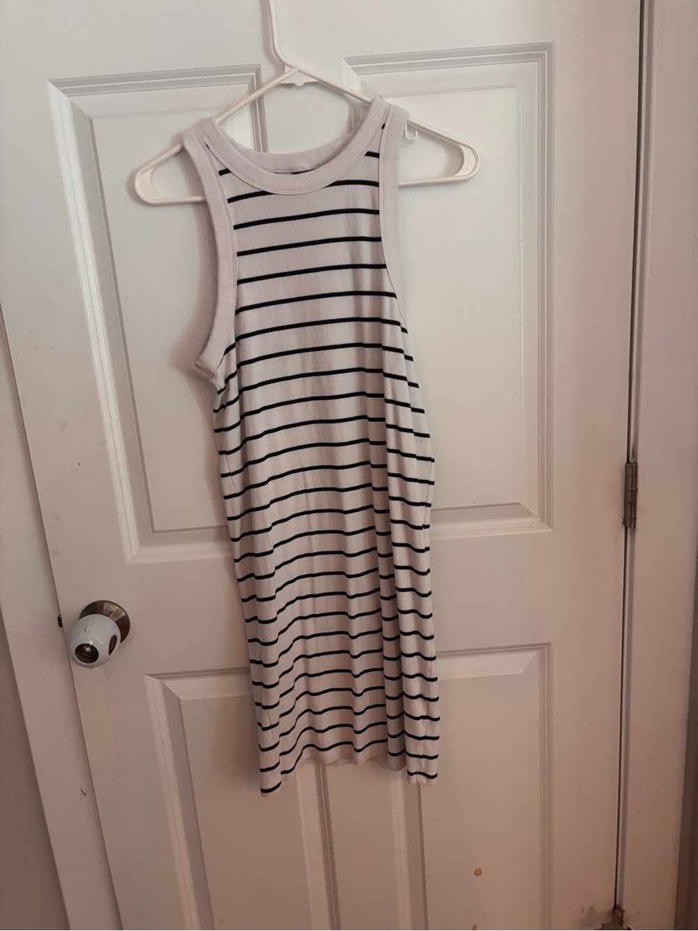 Striped Sleeveless Midi Dress - White & navy blue